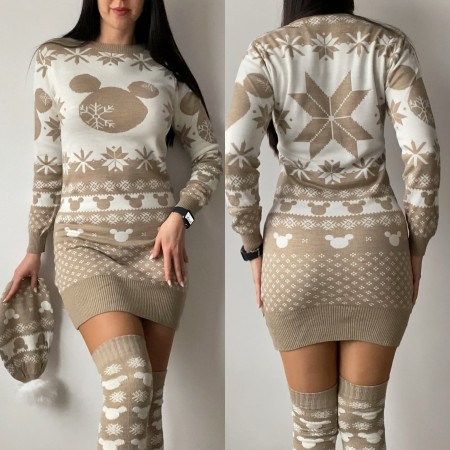 Compleu dama ieftin din tricot bej minunat compus din rochie, caciula si jambiere Mickey HEAD